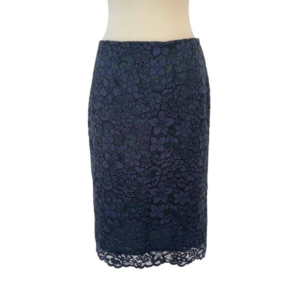 Tory Burch Lace Overlay Pencil Skirt Knee-Length Navy/Green Size 4 - Picture 1 of 11